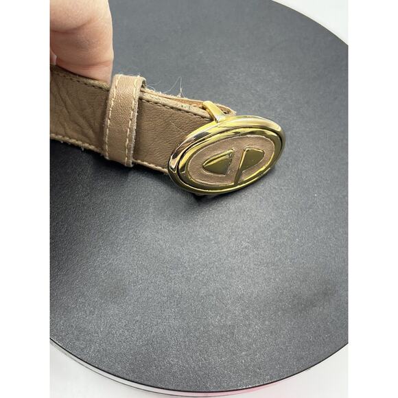 Christian Dior Tan Leather Belt Gold Tone Enamel Logo Buckle‎ Sz Sm 30”